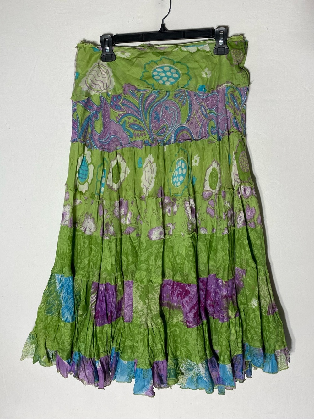 Raindrops Green Boho Tiered Skirt with Paisley Accents Festival Whimsigoth Fairy